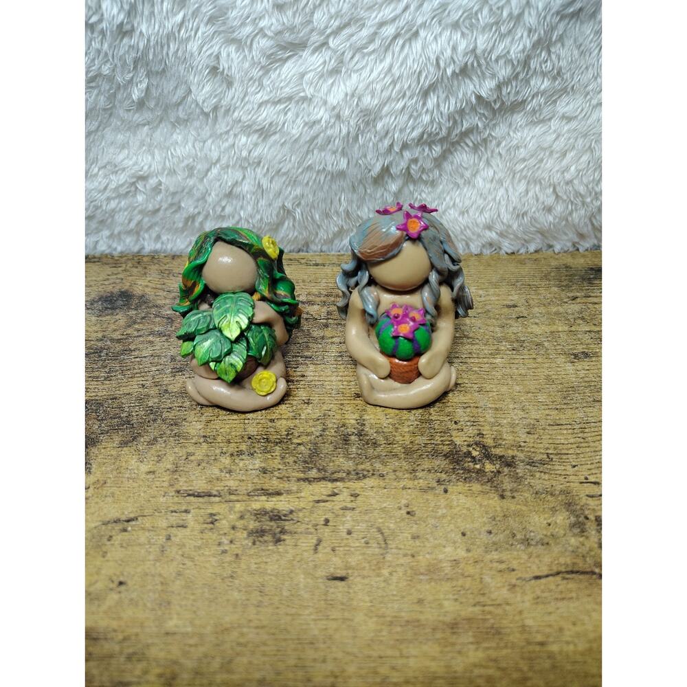 OOAK Polymer Clay Goddess Figurine Set Nature Earth Plant Signed Ellie
